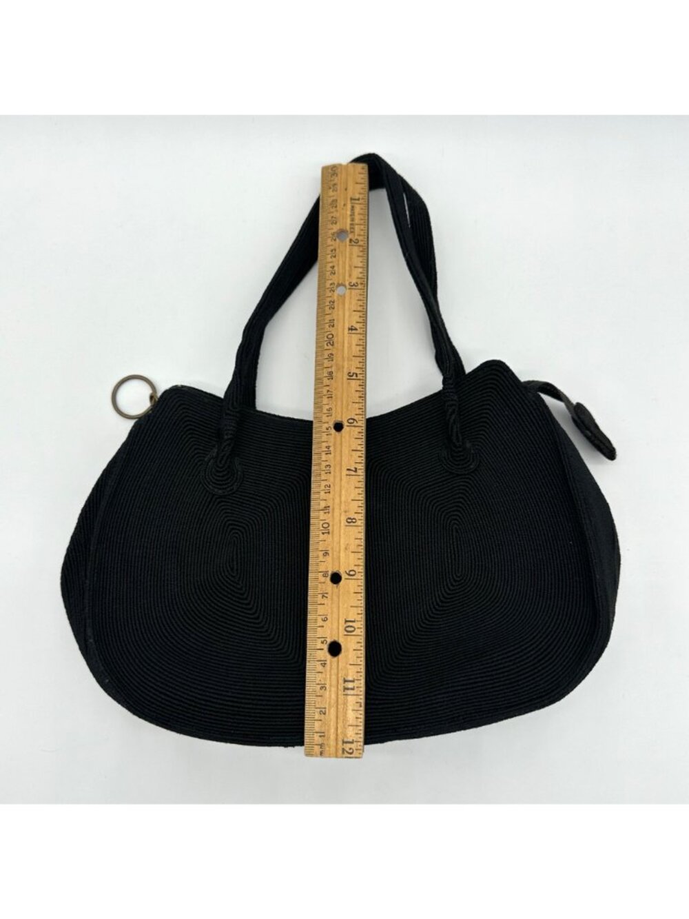 Vintage Purse 1950s Handbag Black Corde USA Top Handle Zipper Retro Mid Century - Picture 8 of 10